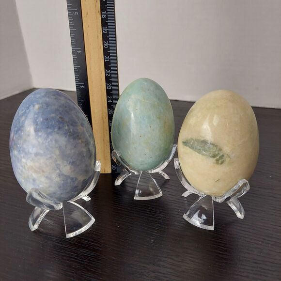 Onyx Marble Egg Polished Stone Set of 3 With Stands Marbled Alabaster Speckled - Picture 16 of 16